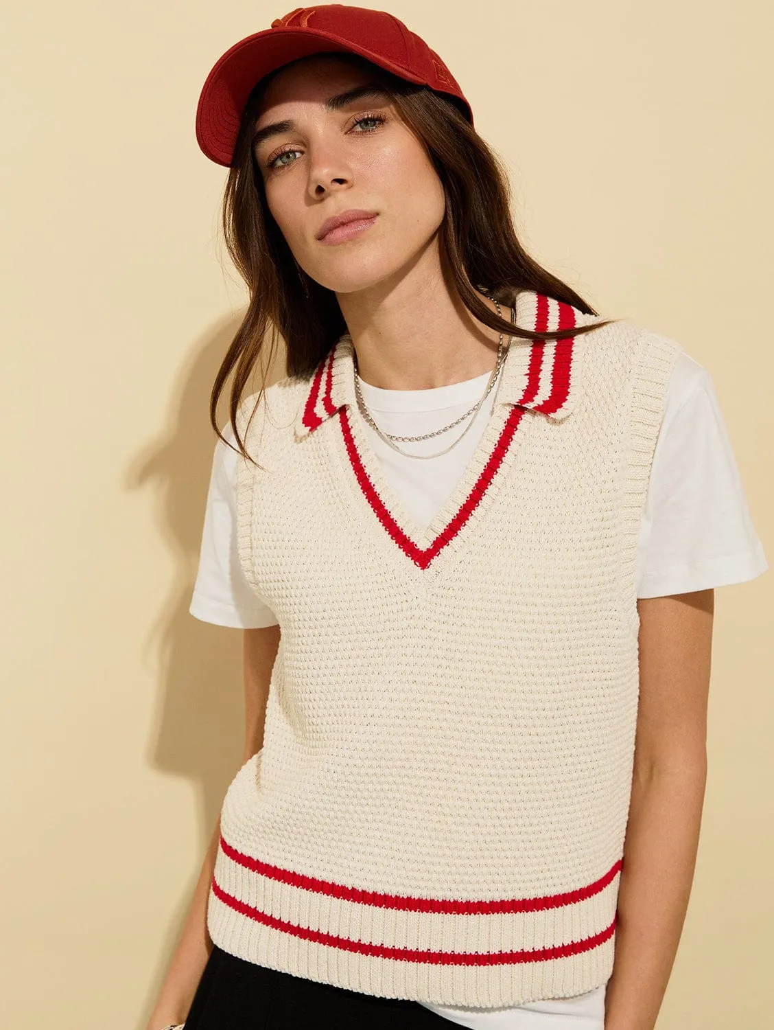 Agnes ECOTEC? Cotton Knitted Vest | Cream & Crimson
