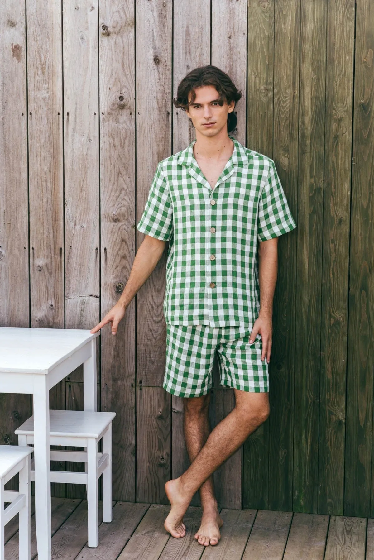 Aspen Men's Linen Loungewear Set | Green Gingham