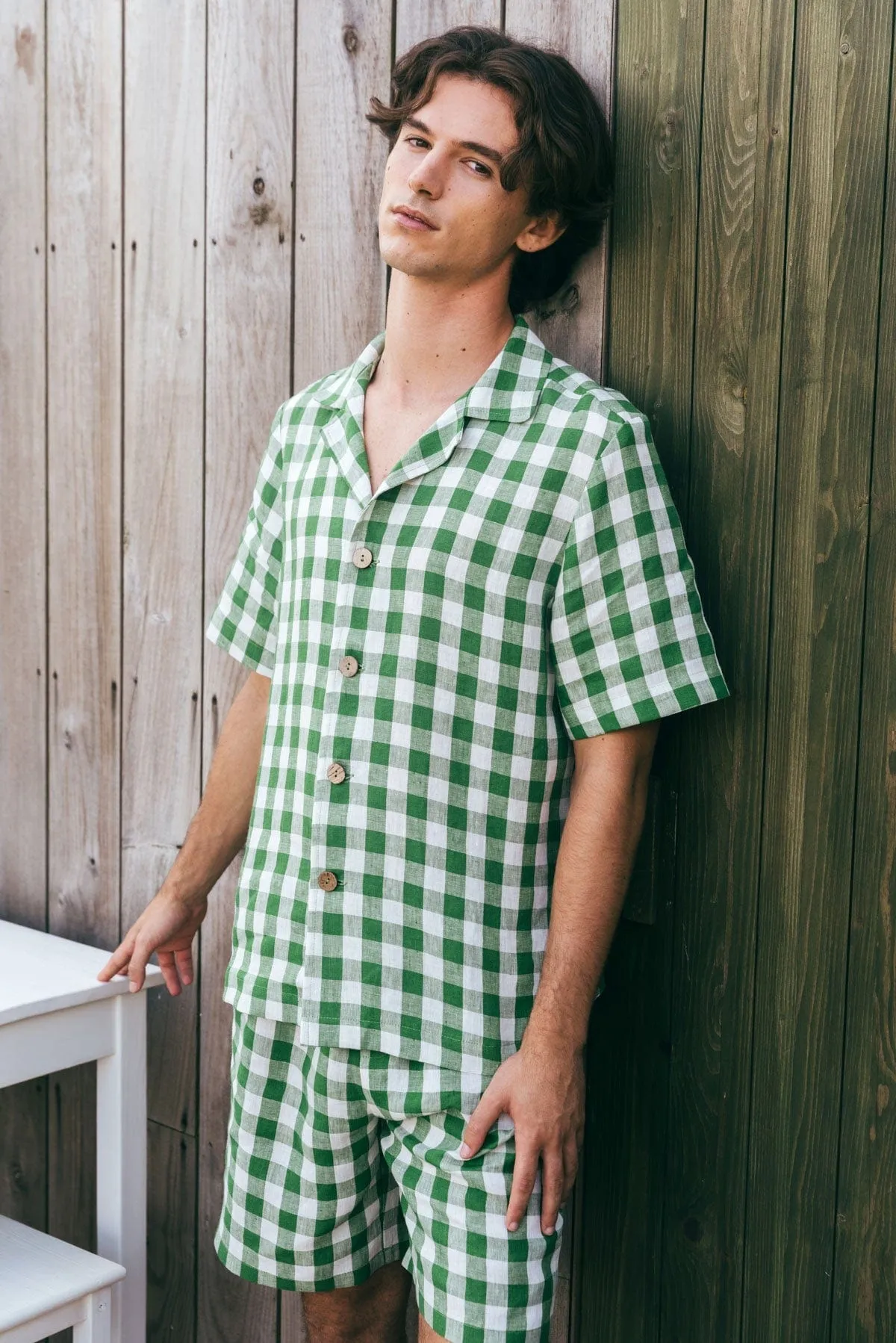 Aspen Men's Linen Loungewear Set | Green Gingham