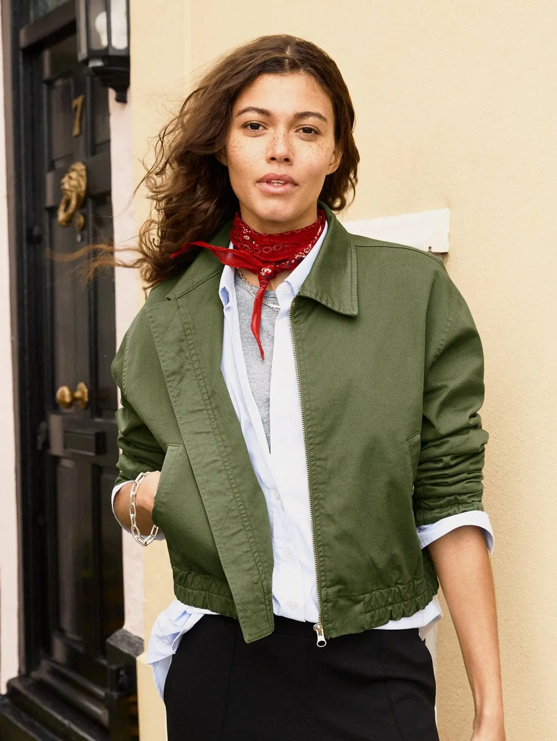 Elowen Organic?Cotton Cropped Bomber Jacket | Light Khaki