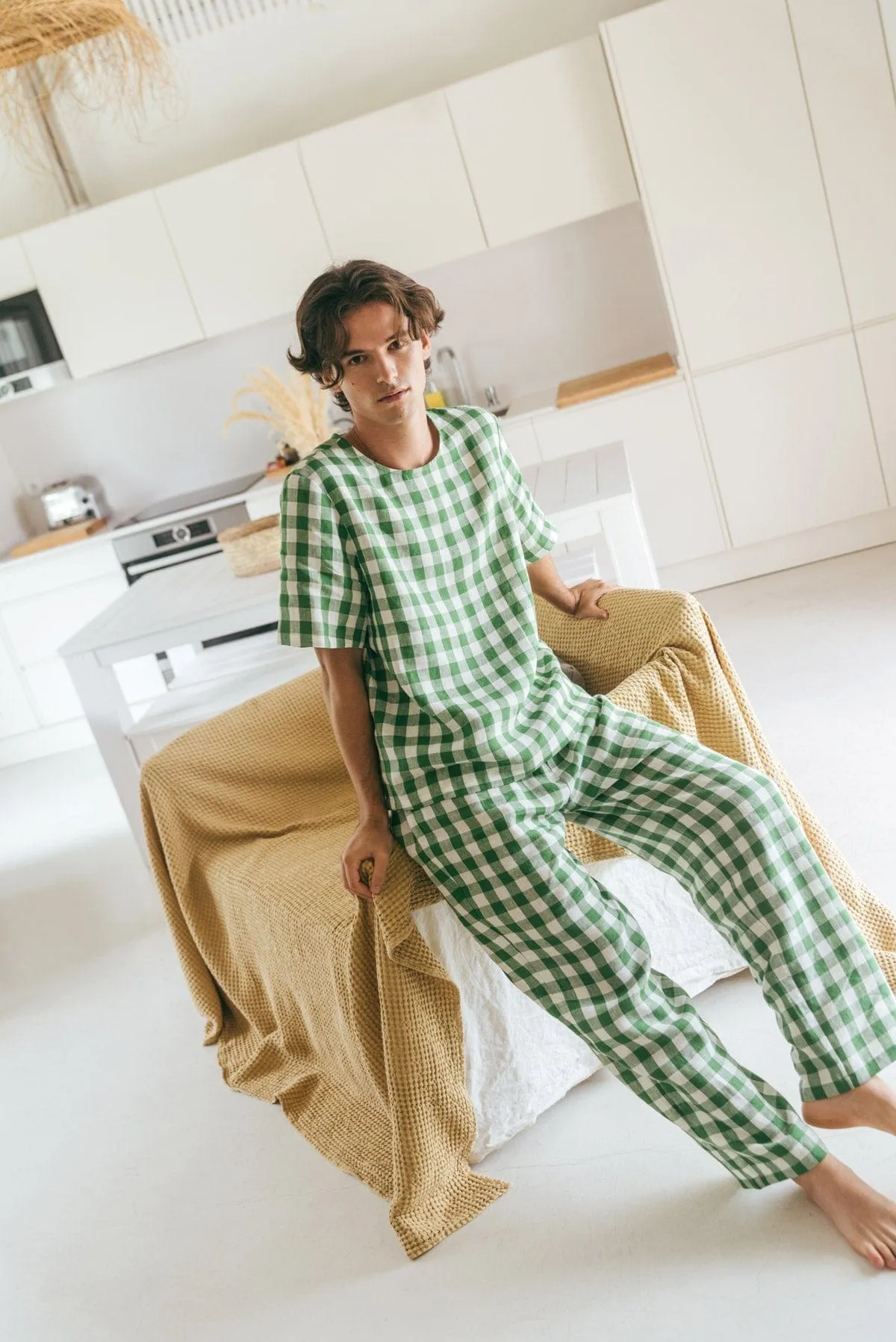 Leo Men's Linen Pyjama Set | Green Gingham