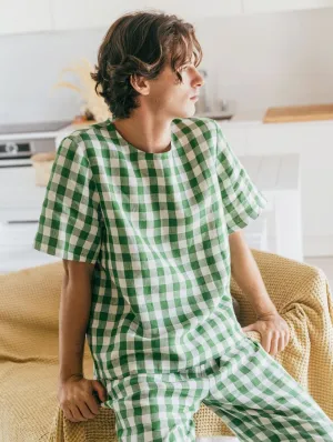 Leo Men's Linen Pyjama Set | Green Gingham