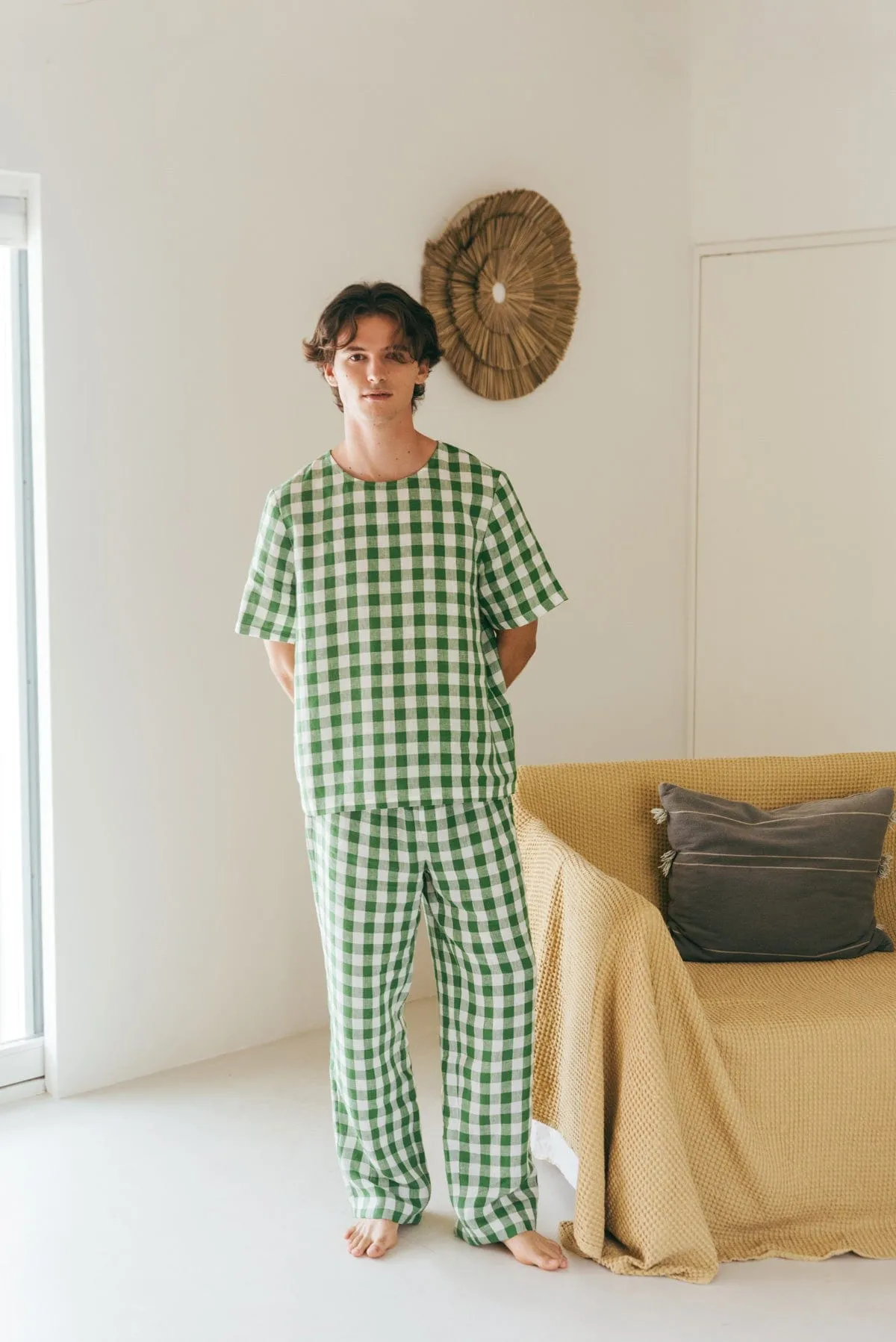 Leo Men's Linen Pyjama Set | Green Gingham