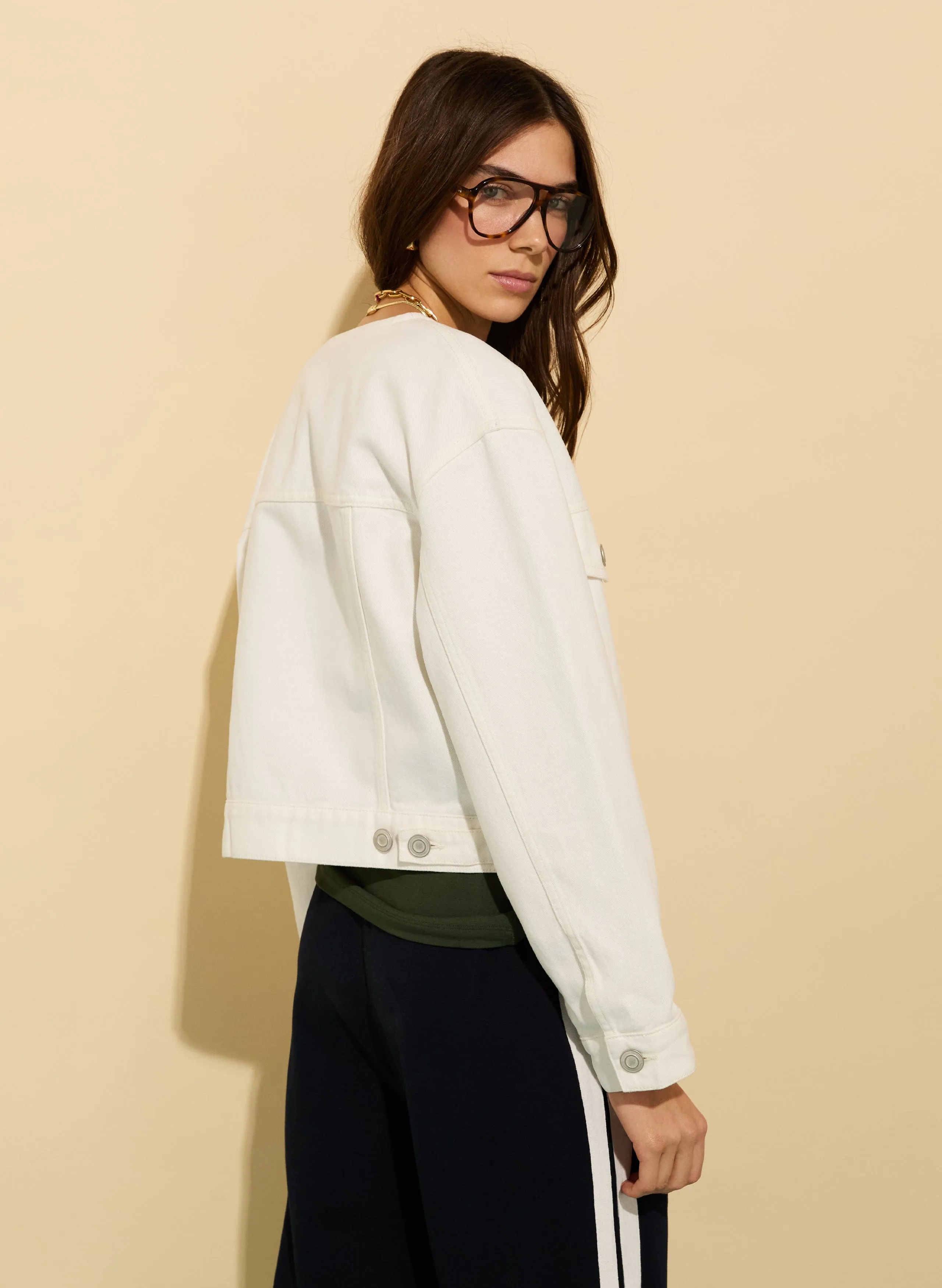 Nova Organic?Cotton Collarless Denim Jacket | Soft White